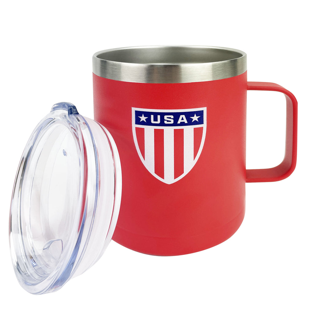 Americana Camper Style 14oz Mug: Red with Flag & Shield