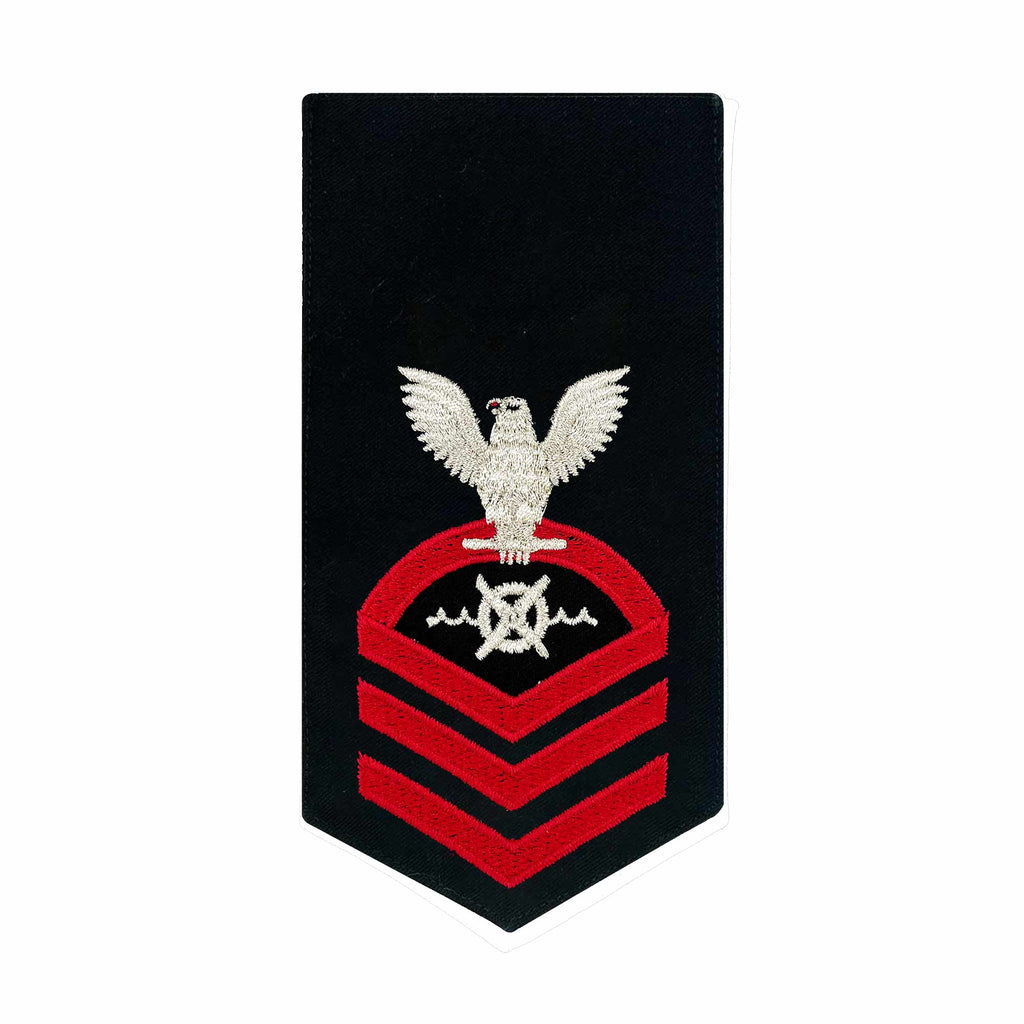 Navy E7 FEMALE Rating Badge: RW Robotics Warfare Specialist - seaworthy red on blue