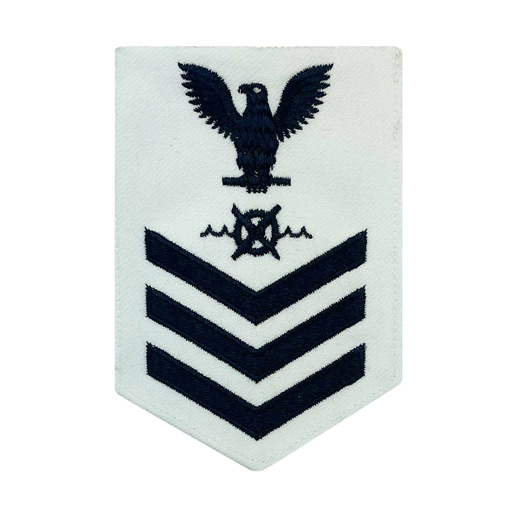 Navy E6 FEMALE Rating Badge: RW Robotics Warfare Specialist - blue chevrons on white CNT