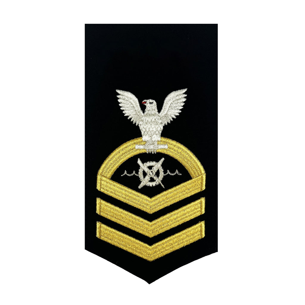 Navy E7 MALE Rating Badge: RW Robotics Warfare Specialist - seaworthy gold on blue