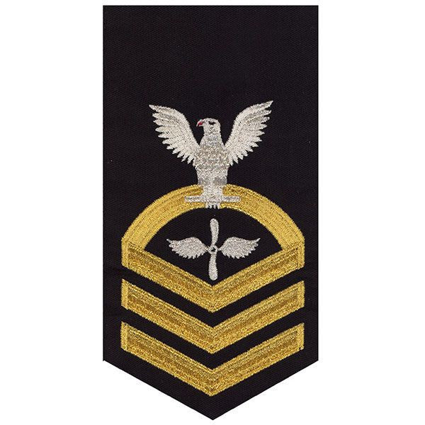 Navy E7 MALE Rating Badge: Aviation Machinist's Mate - seaworthy gold on blue