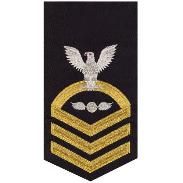 Navy E7 MALE Rating Badge: Aviation Electrician's Mate - seaworthy gold on blue