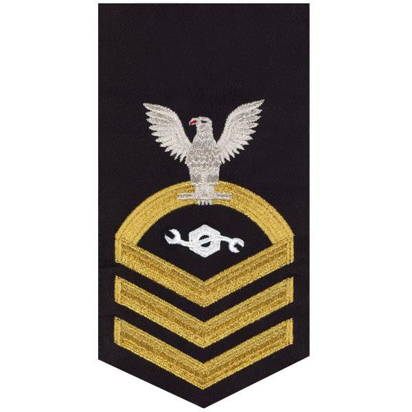 Navy E7 MALE Rating Badge: Construction Mechanic - seaworthy gold on blue