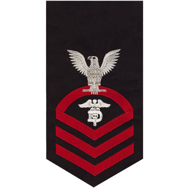 Navy E7 MALE Rating Badge: Dental Technician - seaworthy red on blue