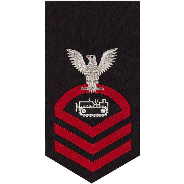 Navy E7 MALE Rating Badge: Equipment Operator - seaworthy red on blue