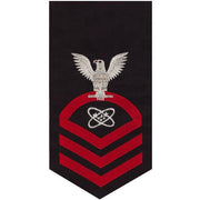 Navy E7 MALE Rating Badge: Electronics Technician - seaworthy red on blue