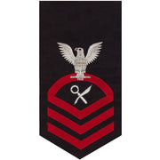 Navy E7 MALE Rating Badge: Intelligence Specialist - seaworthy red on blue