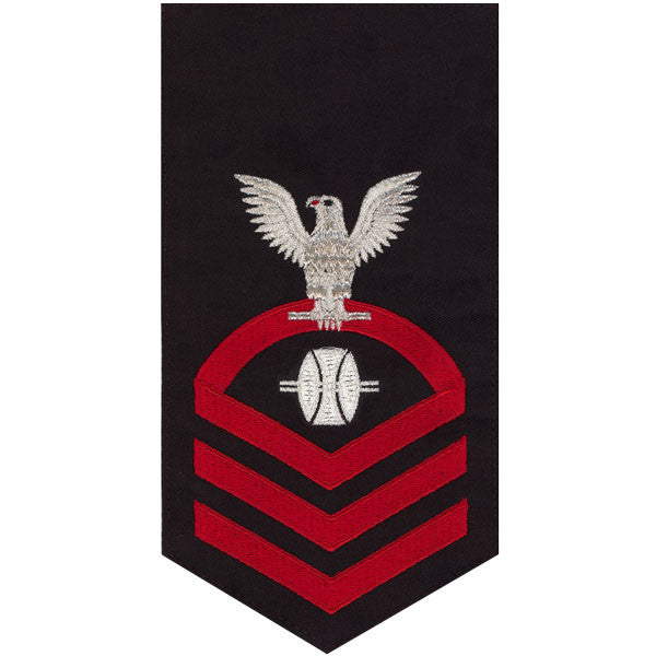 Navy E7 MALE Rating Badge: Opticalman - seaworthy red on blue