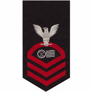 Navy E7 MALE Rating Badge: Postal Clerk - seaworthy red on blue