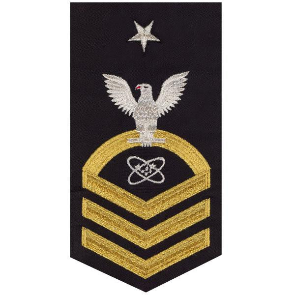 Navy E8 MALE Rating Badge: Electronics Technician - seaworthy gold on blue