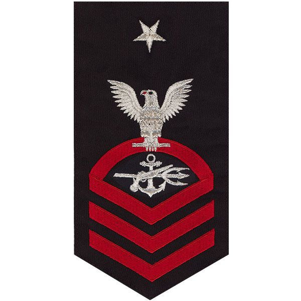 Navy E8 MALE Rating Badge: Special Warfare Operator - seaworthy red on blue